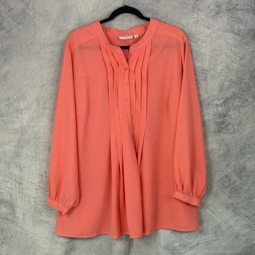 SUSAN GRAVER Coral Pleated Tunic Top Shirt Women's Plus‎ Size 2X Long Sleeve